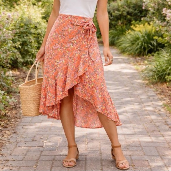 Max Studio Dresses & Skirts - Max Studio Coral Floral Asymmetrical Wrap Skirt Small Boho Ruffle Midi Skirt